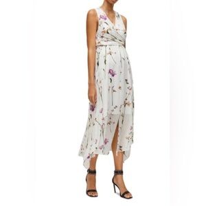 AllSaints Capri Kikyo floral-print crepe dress in white.